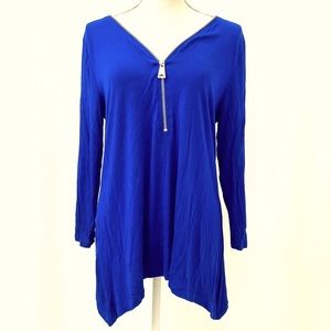 Bright blue pullover tunic with zipper V-neckline, cable & gauge size L